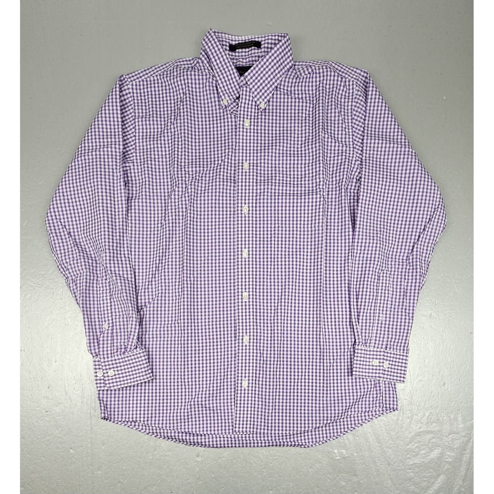 Allen Edmonds Button Down Shirt Mens Large Purple Wrinkle-Free Gingham Check